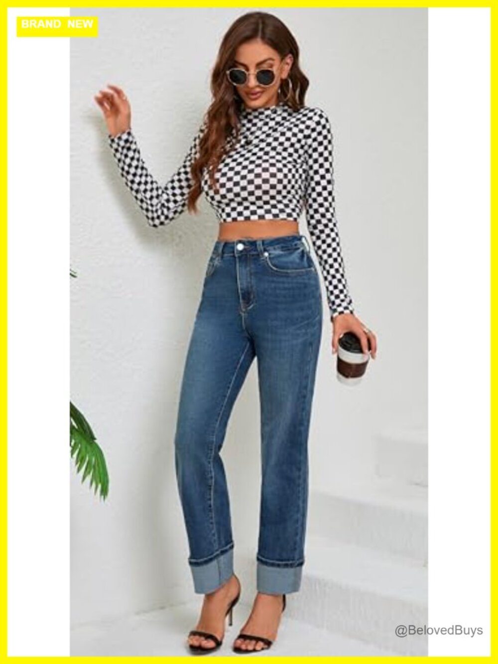 High Waisted Stretchy Straight Leg Jeans Tummy Control Cuffed Ankle Hem - Picture 5 of 6